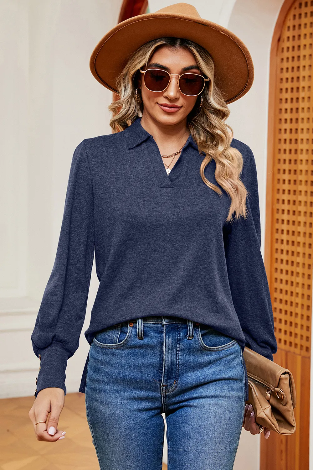 Decorative Button Johnny Collar Lantern Sleeve Blouse, image 2