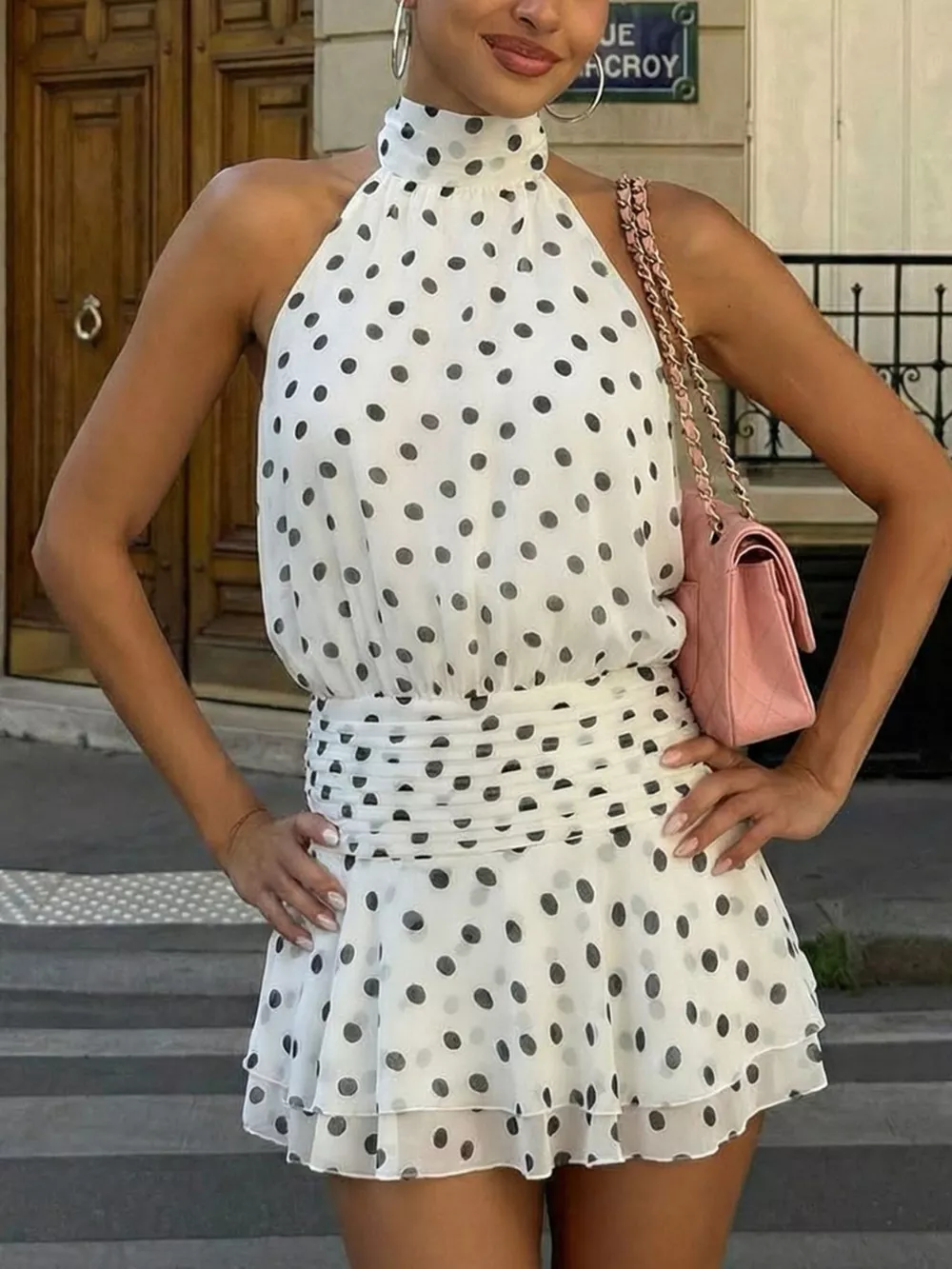 Polka Dot Halter Neck Ruffle Dress, image 3