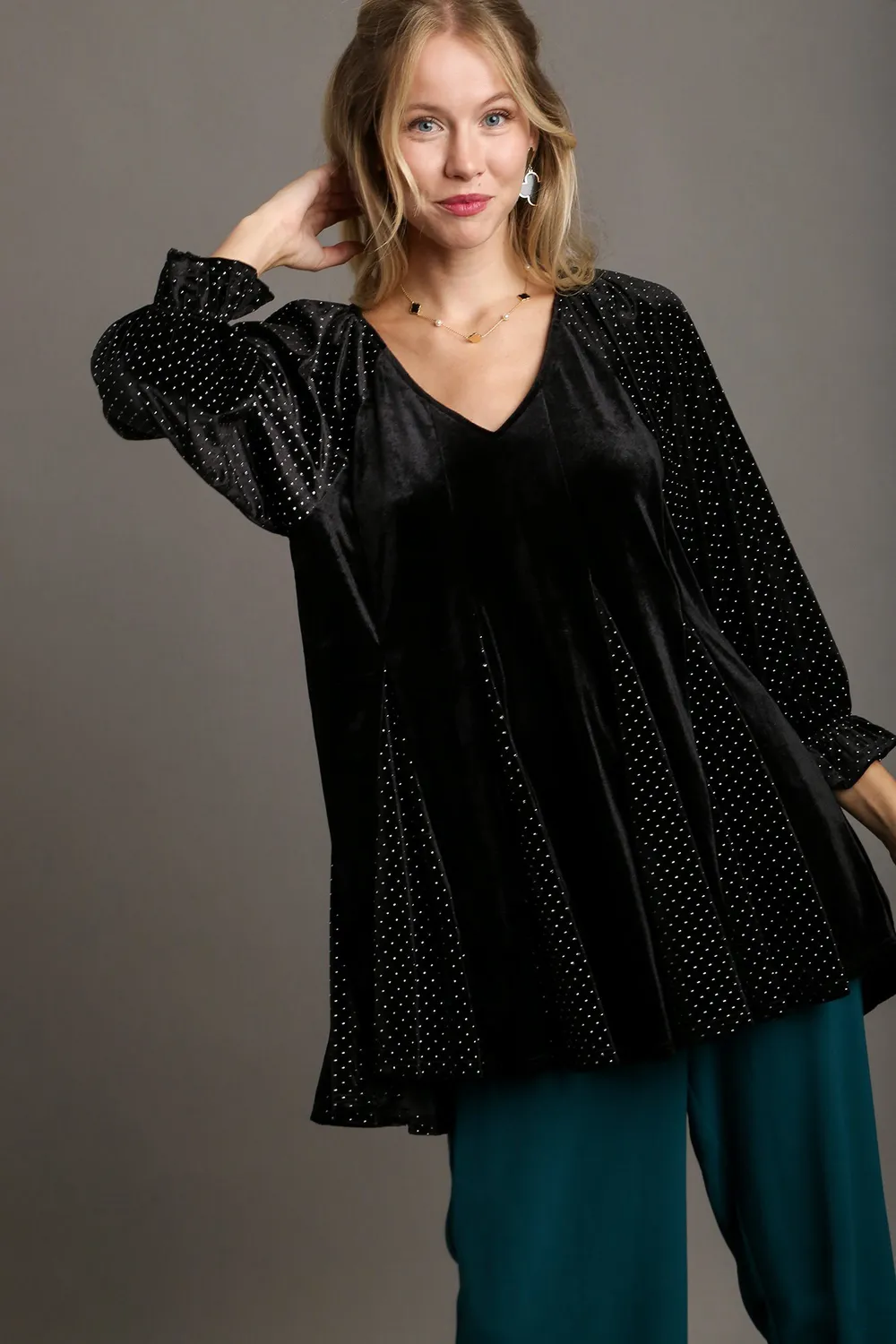 Godet Hem Polka Dot V-Neck Blouse