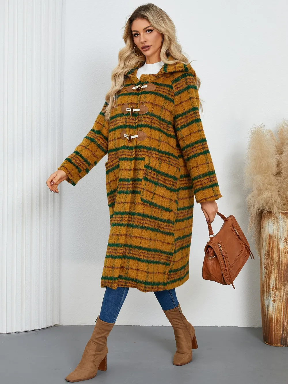 Plaid Long Sleeve Hooded Coat with Pockets, image 12