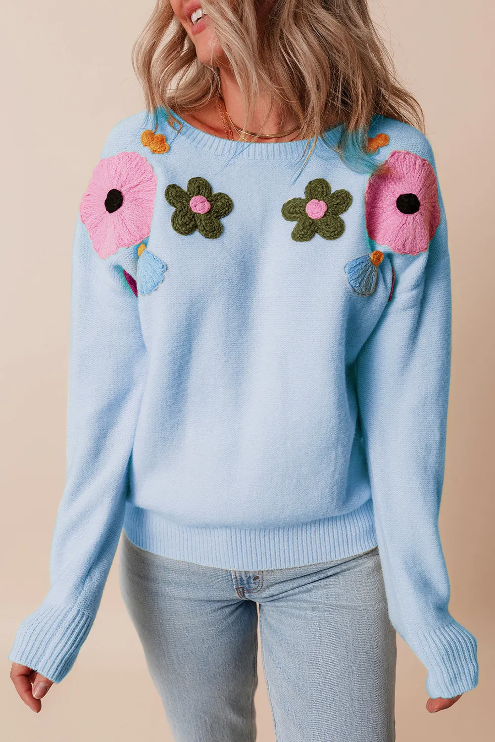 Crochet Flower Round Neck Dropped Shoulder Sweater, image 13