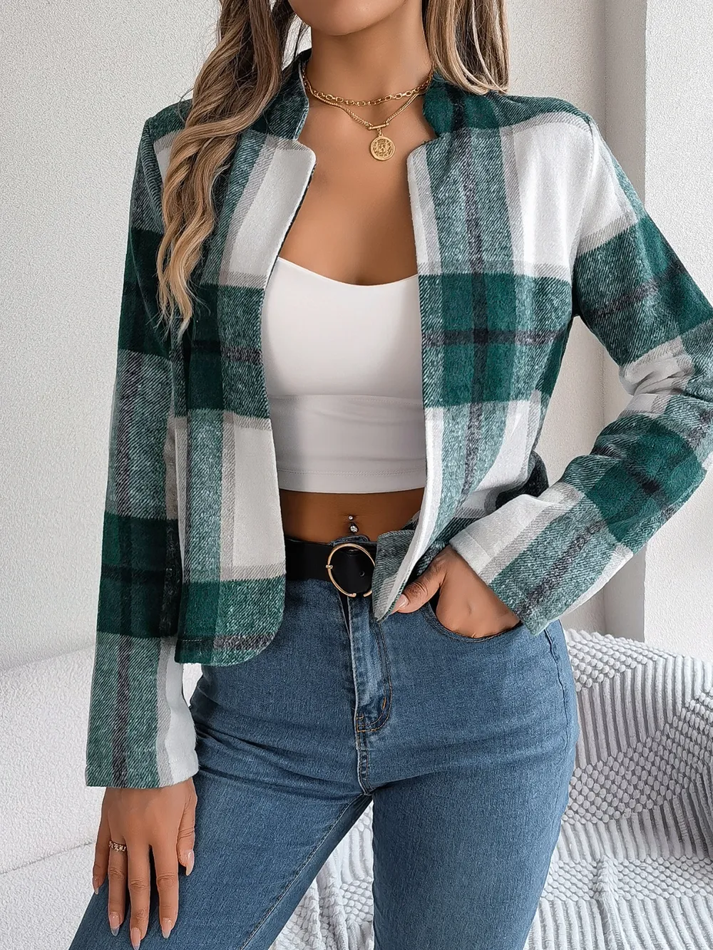 Plaid Open Front Long Sleeve Jacket, image 23