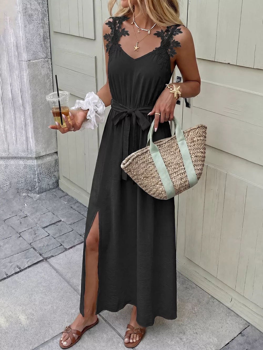 Lace Trim Slit Maxi Dress, image 3