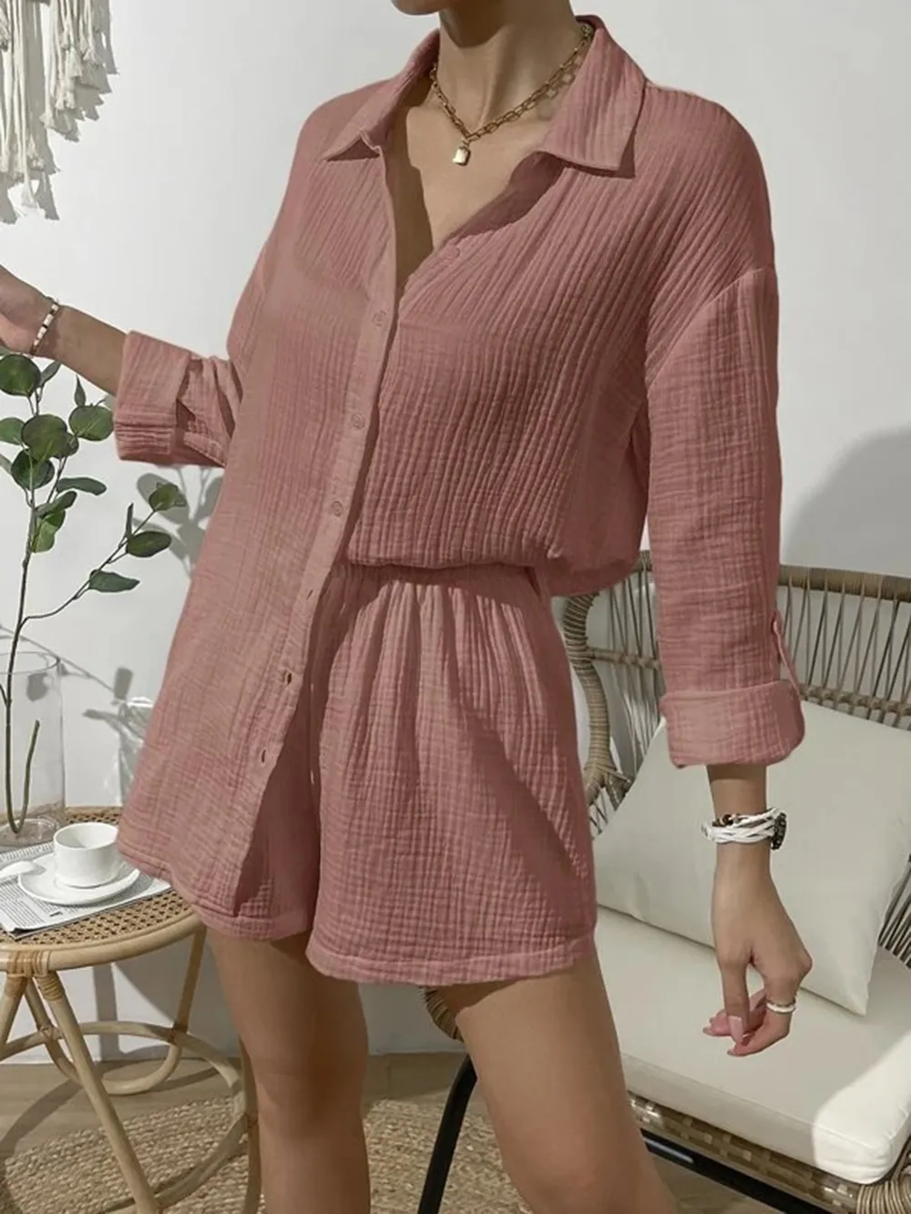 Dropped Shoulder Button Up Top and Elastic Waist Shorts Set, image 24