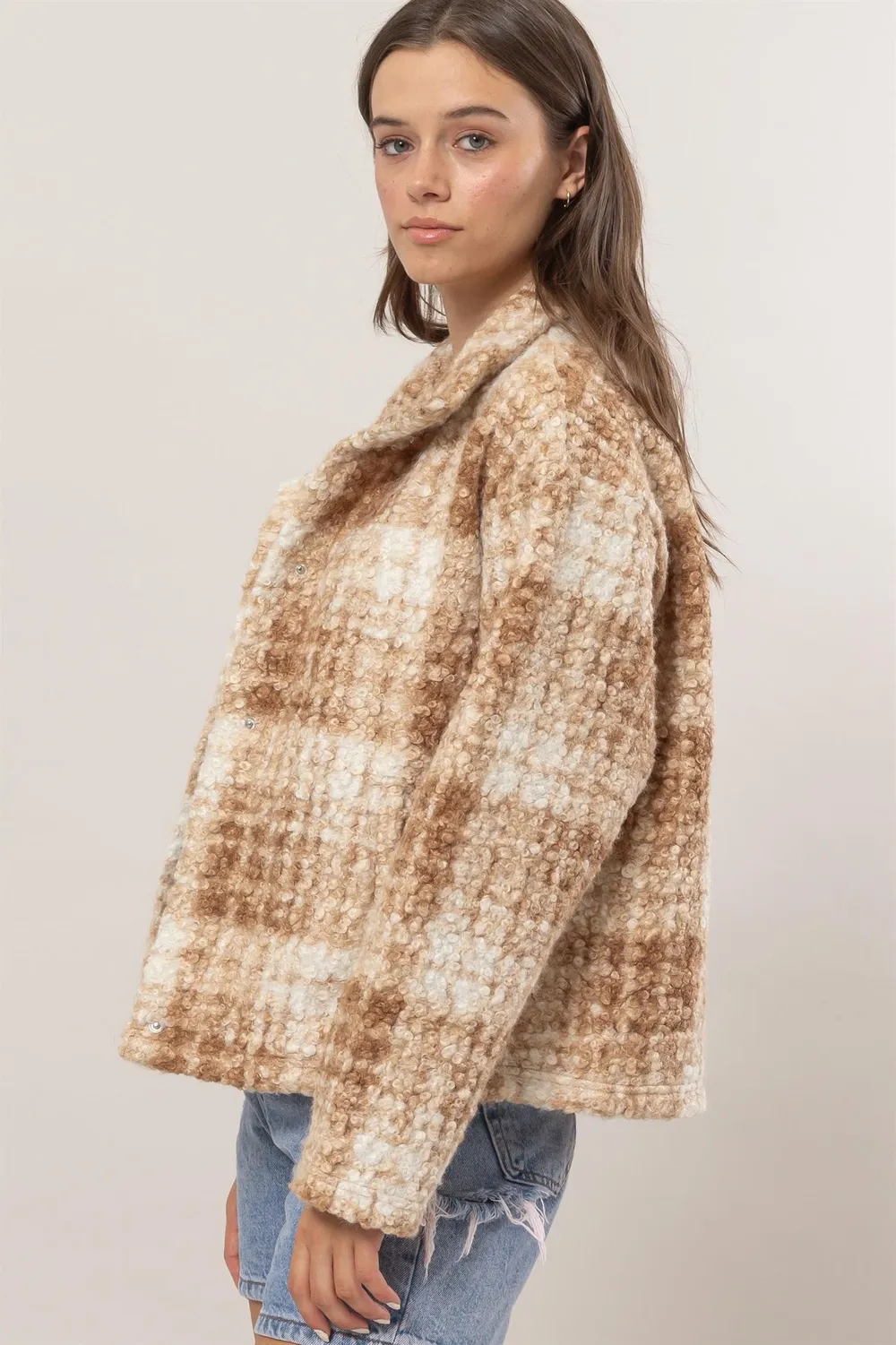 Plaid Collared Neck Boucle Jacket with Pockets, image 3