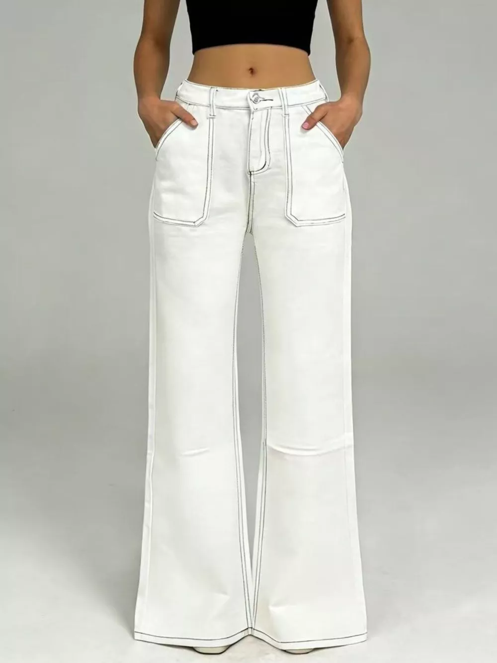 Wide Leg Contrast Stitching Jeans, image 4
