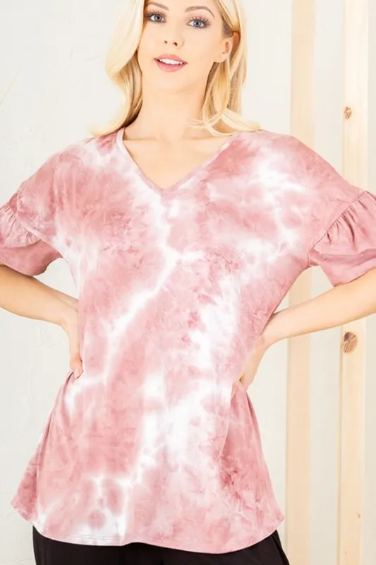 Full Size Ruffled Sleeve Tie Dye Top Plus Size