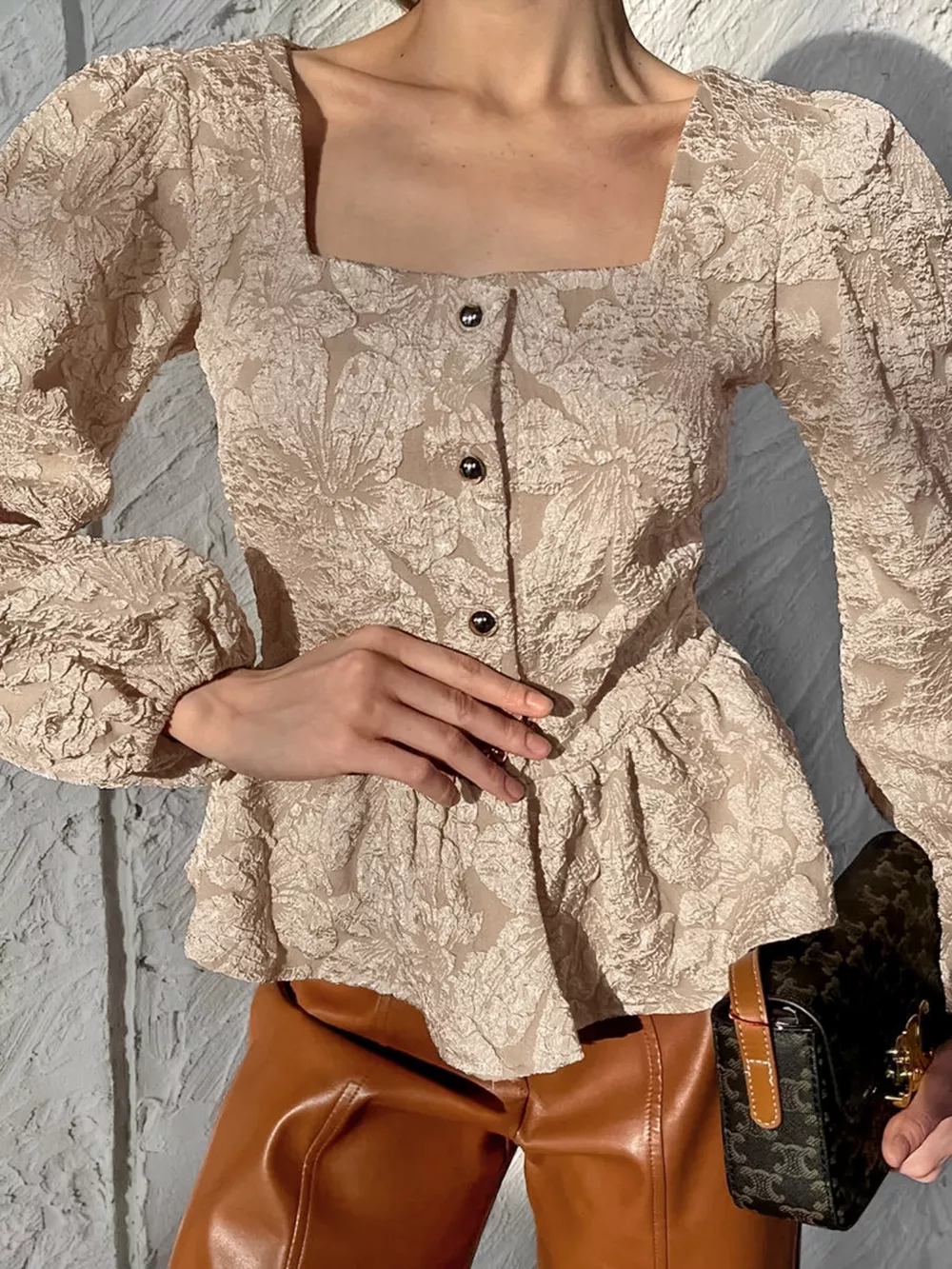 Textured Square Neck Balloon Sleeve Shirt, image 2
