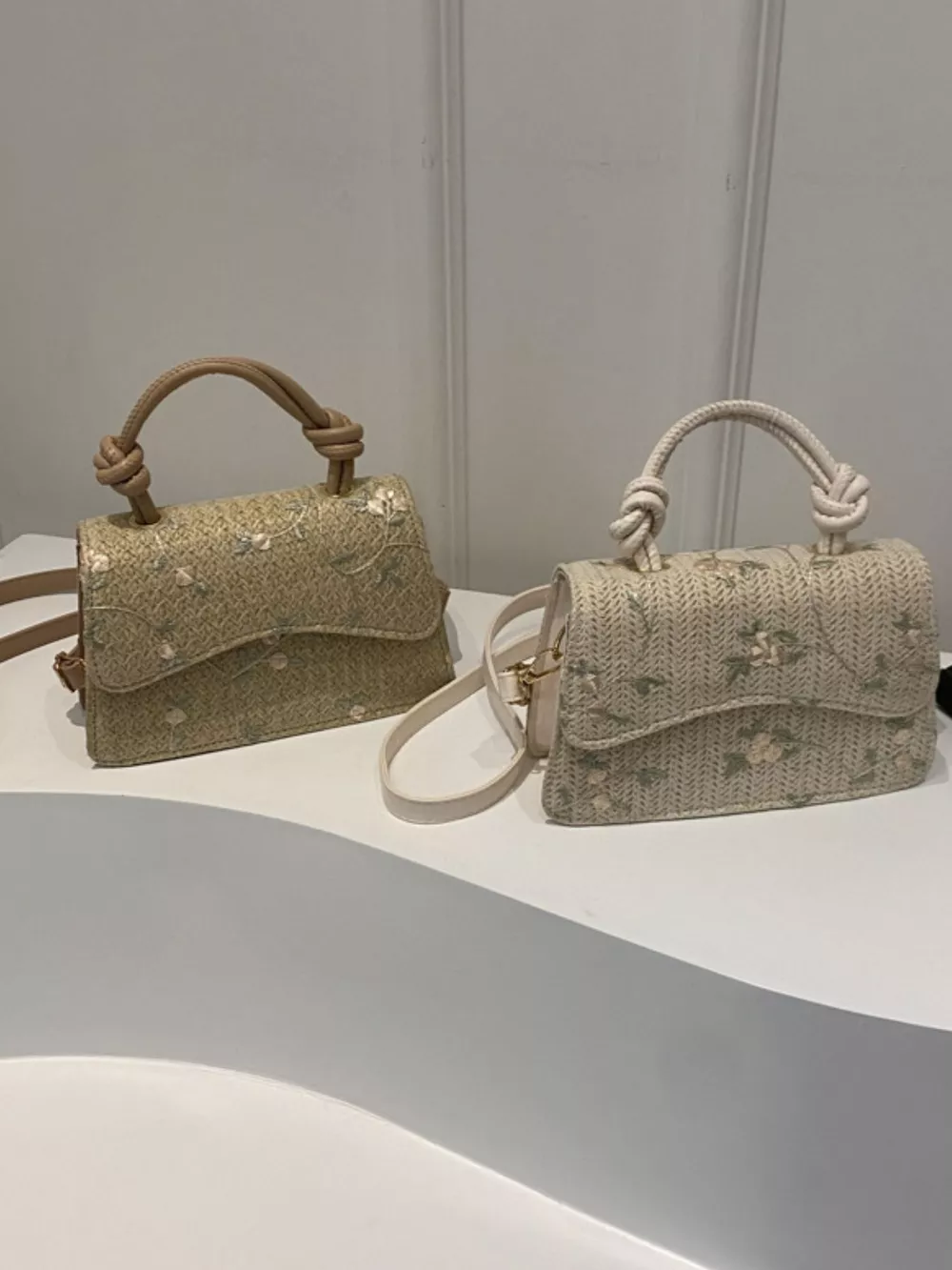 Floral Embroidered Straw Woven Crossbody Bag, image 5