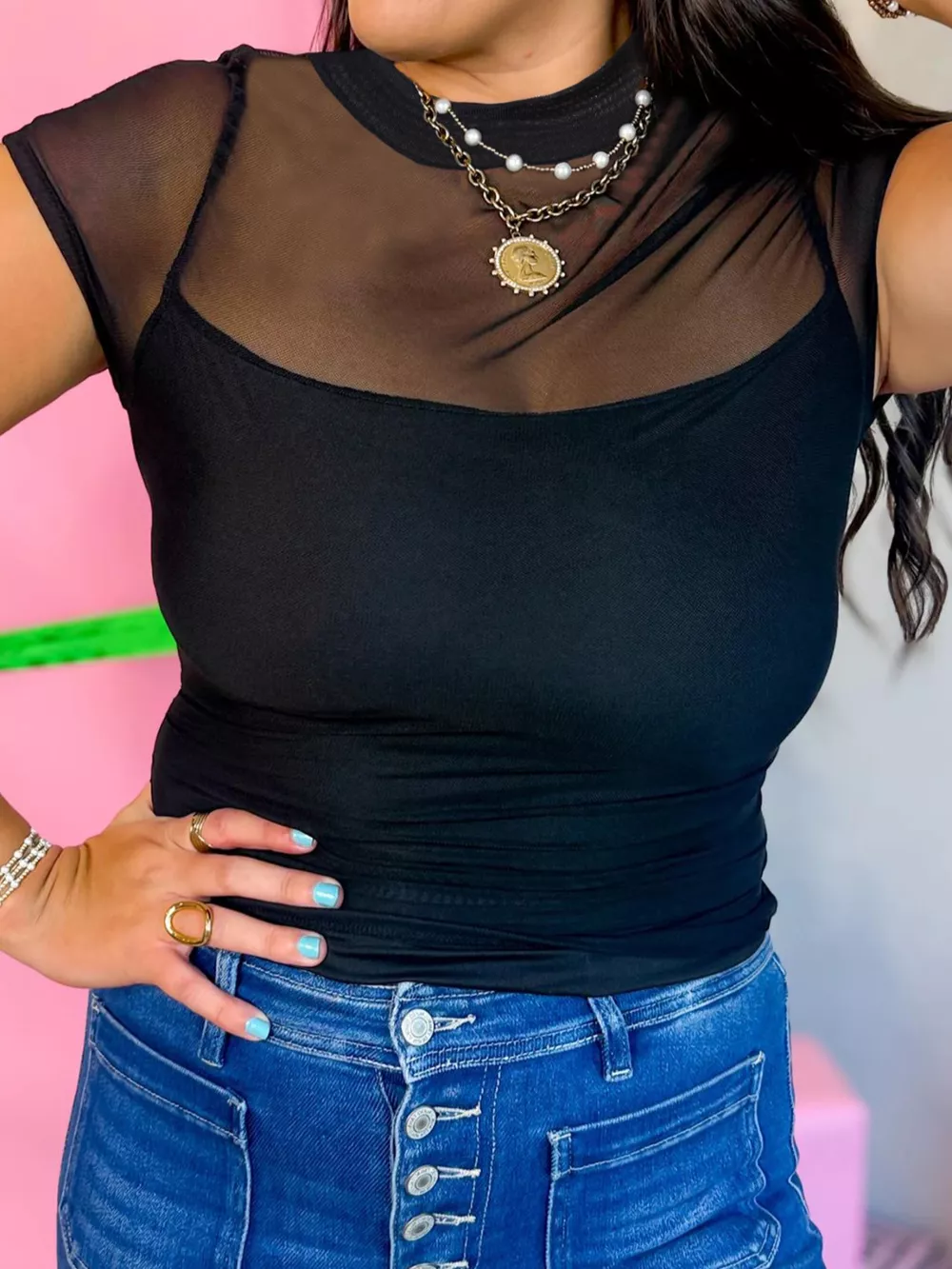 Sheer Mesh Patchwork Cap Sleeve T Shirt, image 3