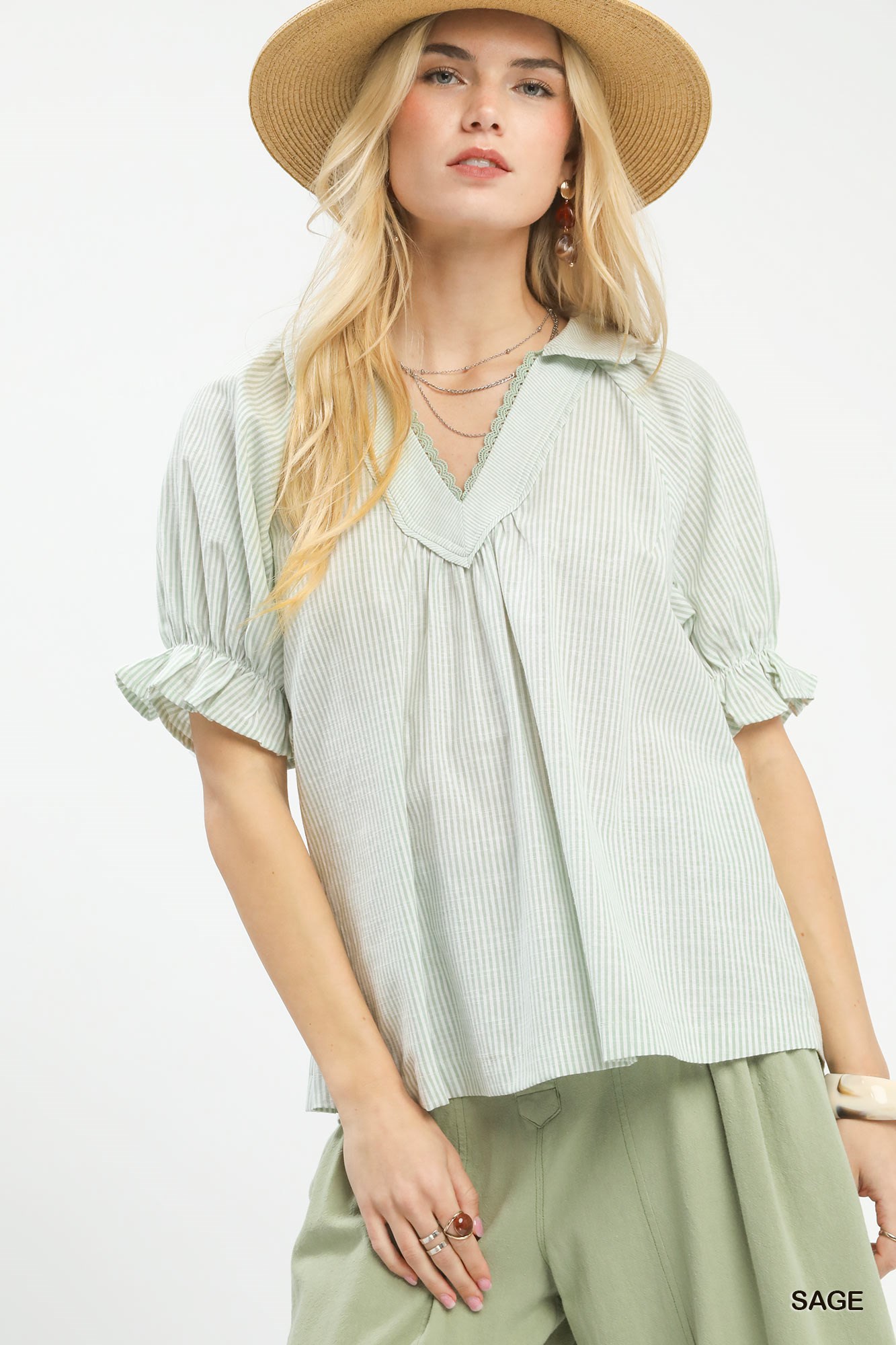 Pinstripe V-Neck Ruffle Sleeve Blouse