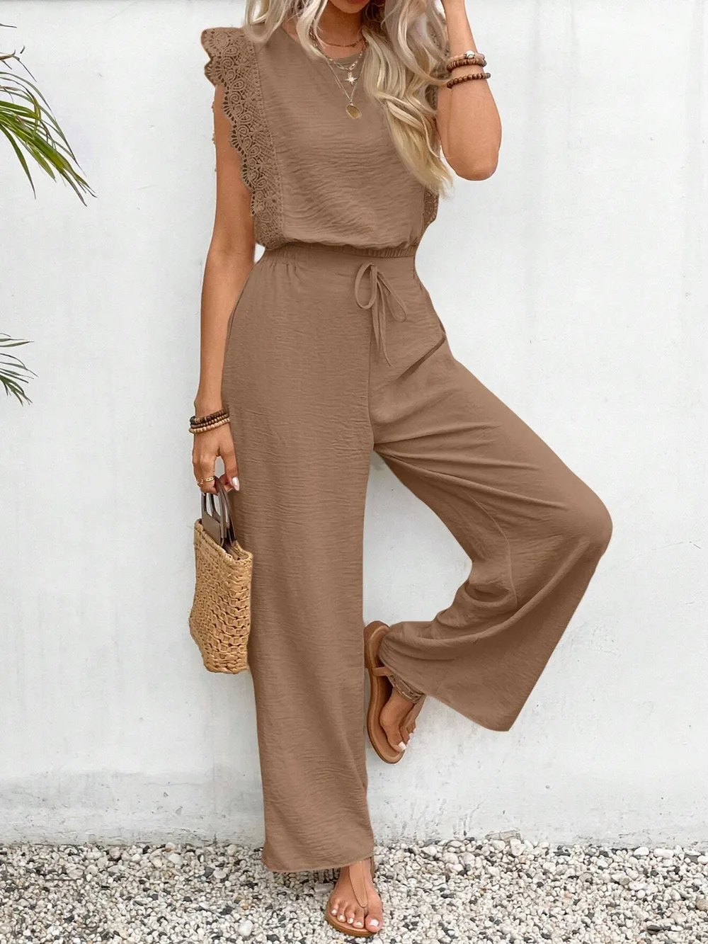 Lace Trim Round Neck Top and Pants Set, image 20