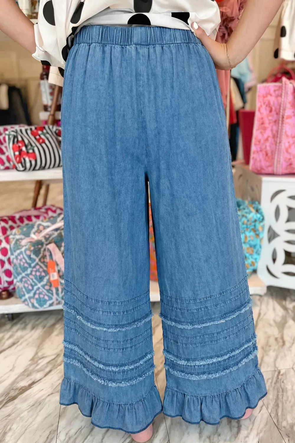 Ruffled Hem Wide Leg Chambray Pants, image 2
