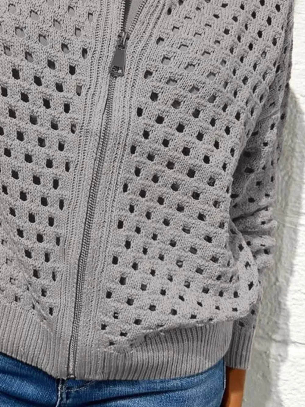 Full Size Zip Up Long Sleeve Cardigan with Eyelet Detail Plus Size, image 11