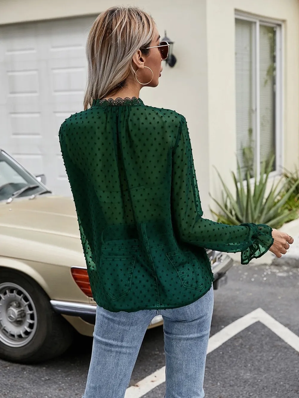 Lace Detail V-Neck Swiss Dot Blouse, image 10