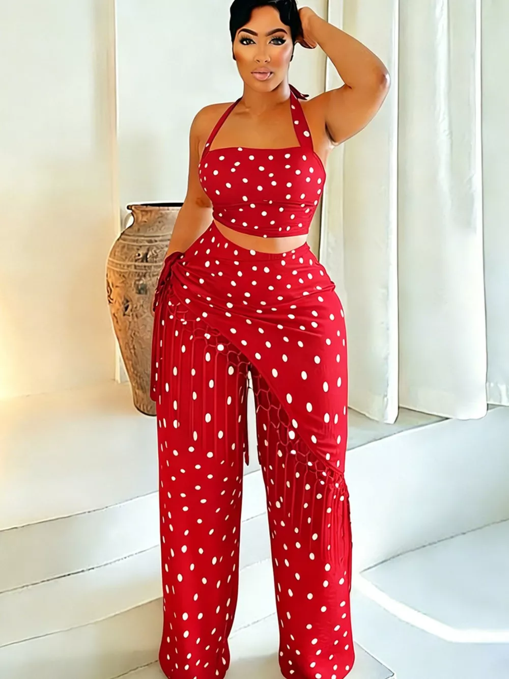 Polka Dot Halter Neck Cami and Fringe Trim Pants Set, image 12