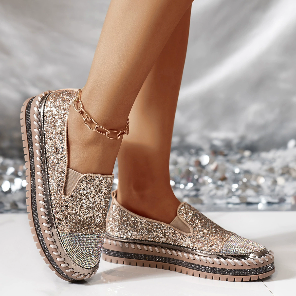 Rhinestone Sequin Round Toe Platform Loafers, image 7
