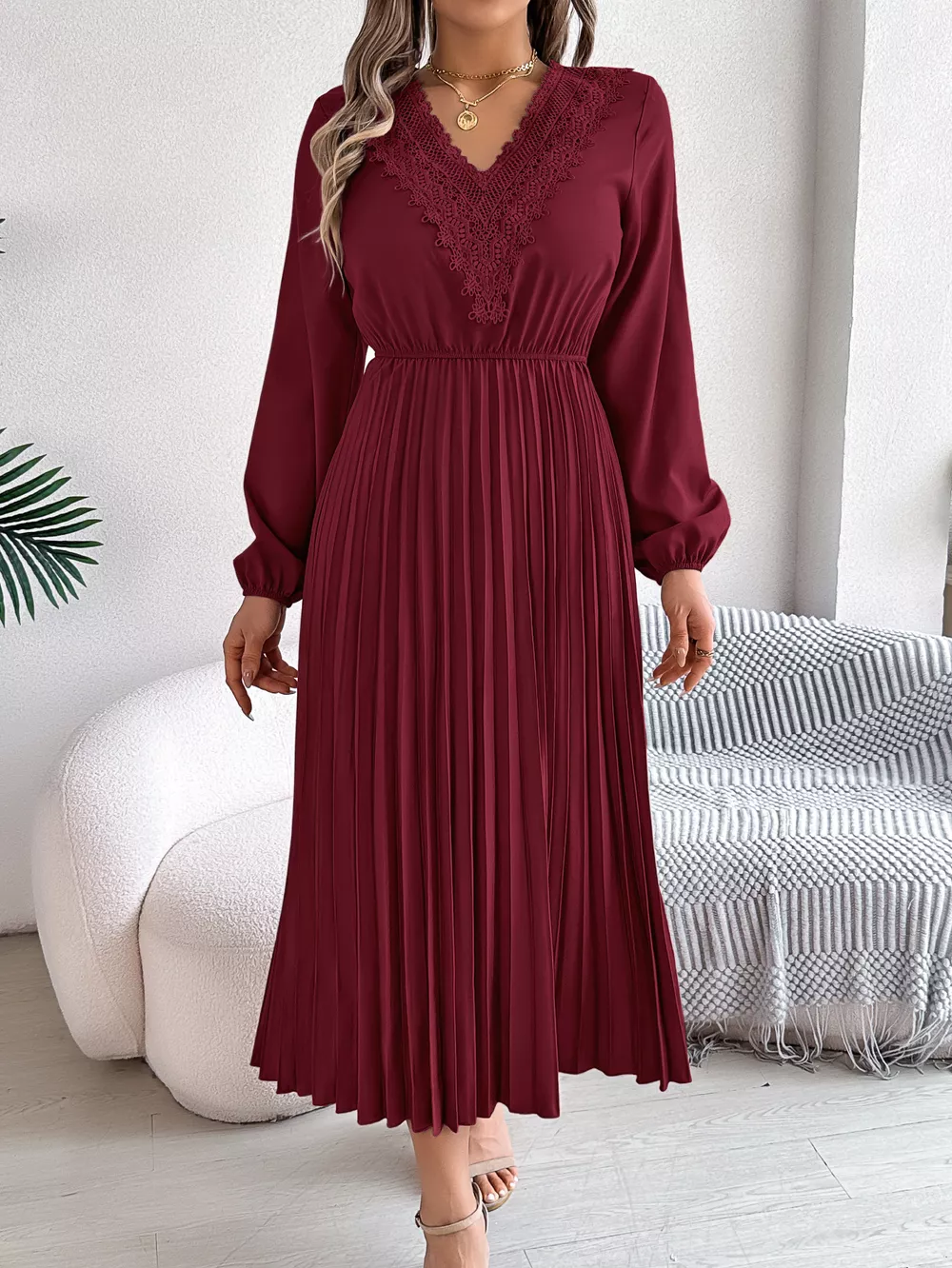 Lace Detail V-Neck Pleated Dress, image 26