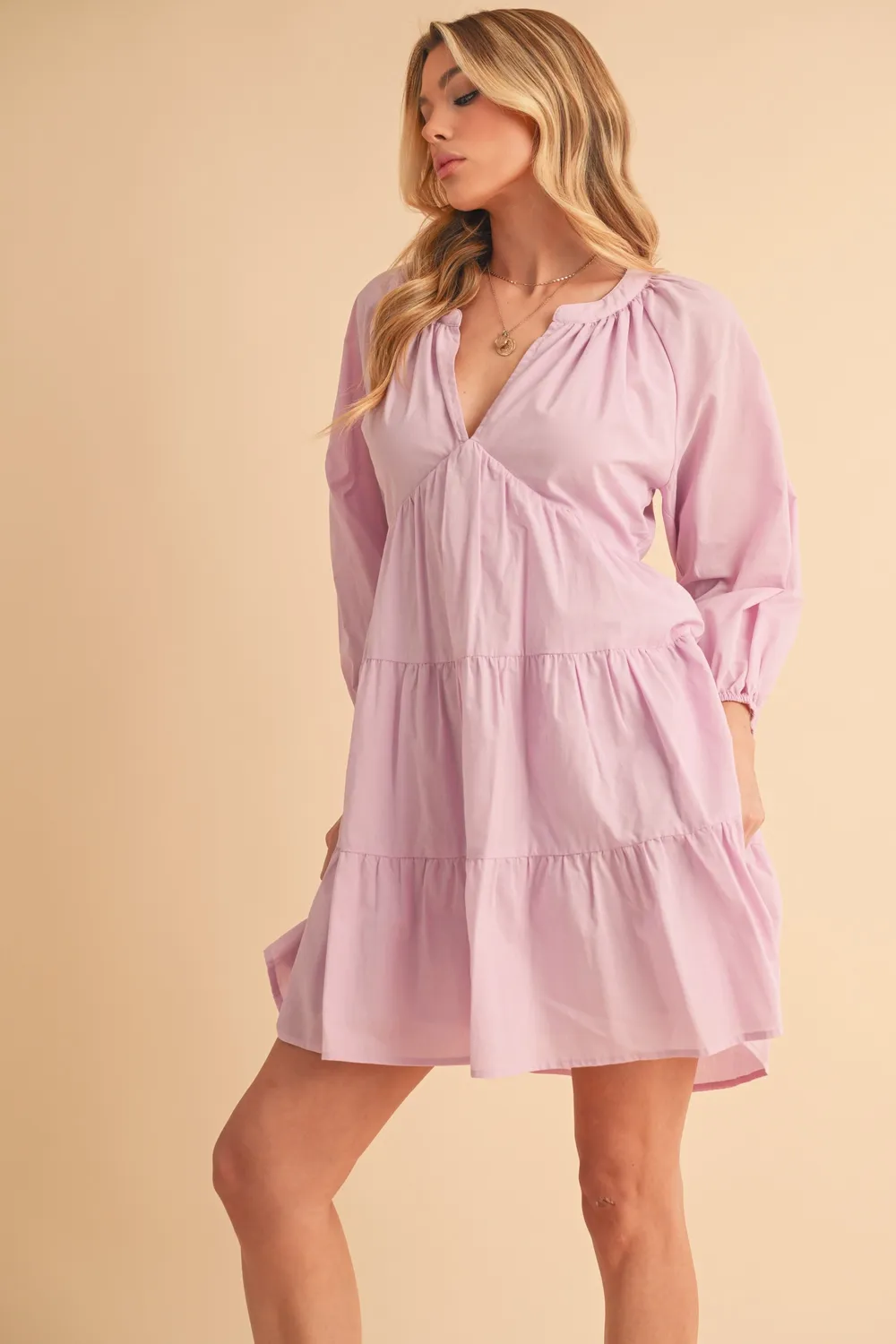 Notched Balloon Sleeve Tiered Mini Dress, image 7