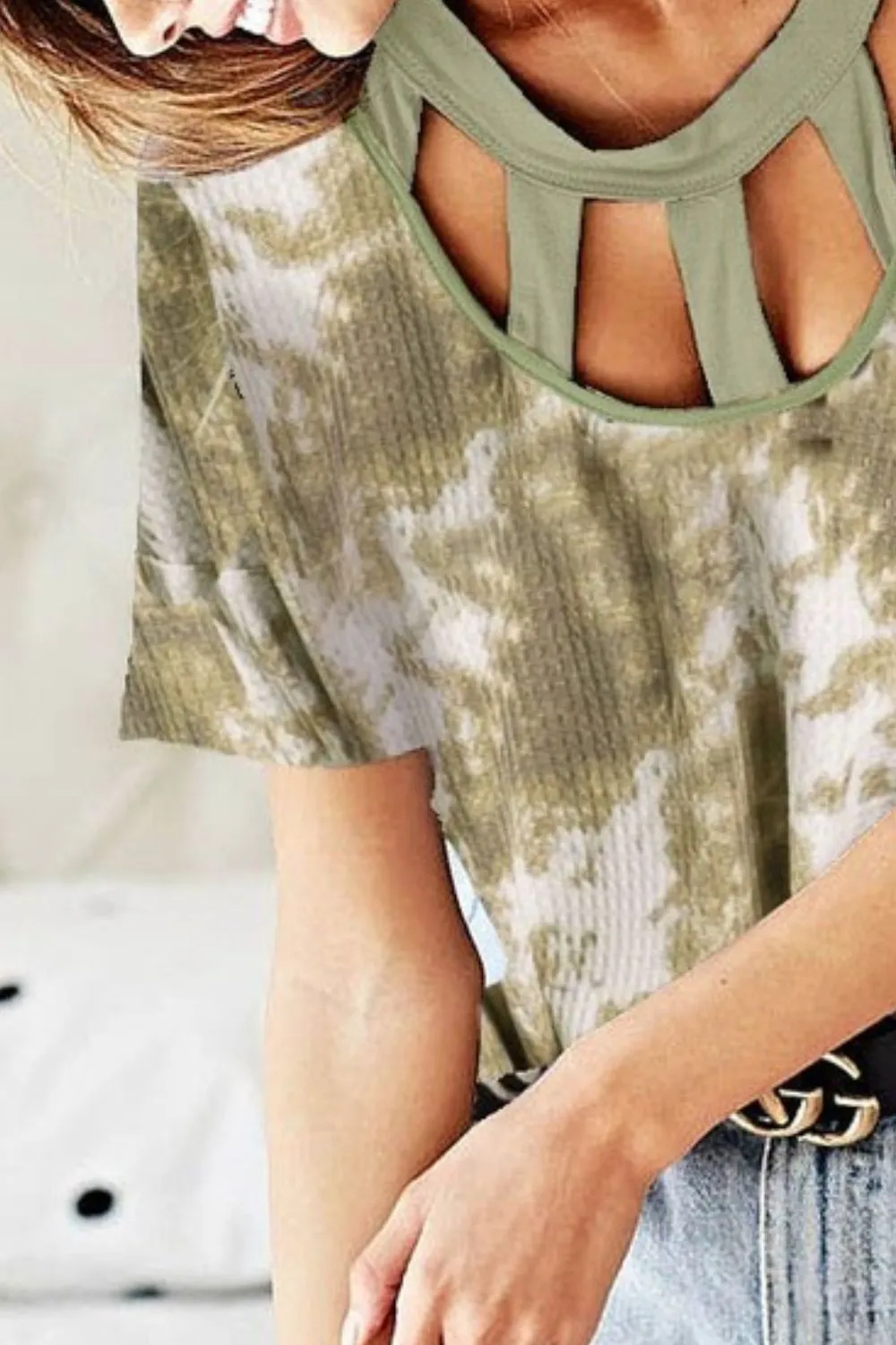 Tie Dye Print Waffle Top with Contrast Caged Neck, image 3