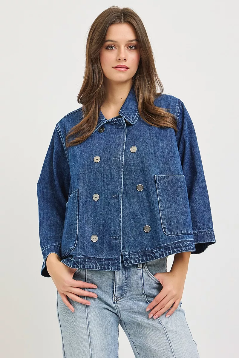 RISEN Double-Breasted Flowy Cropped Denim Jacket, image 5