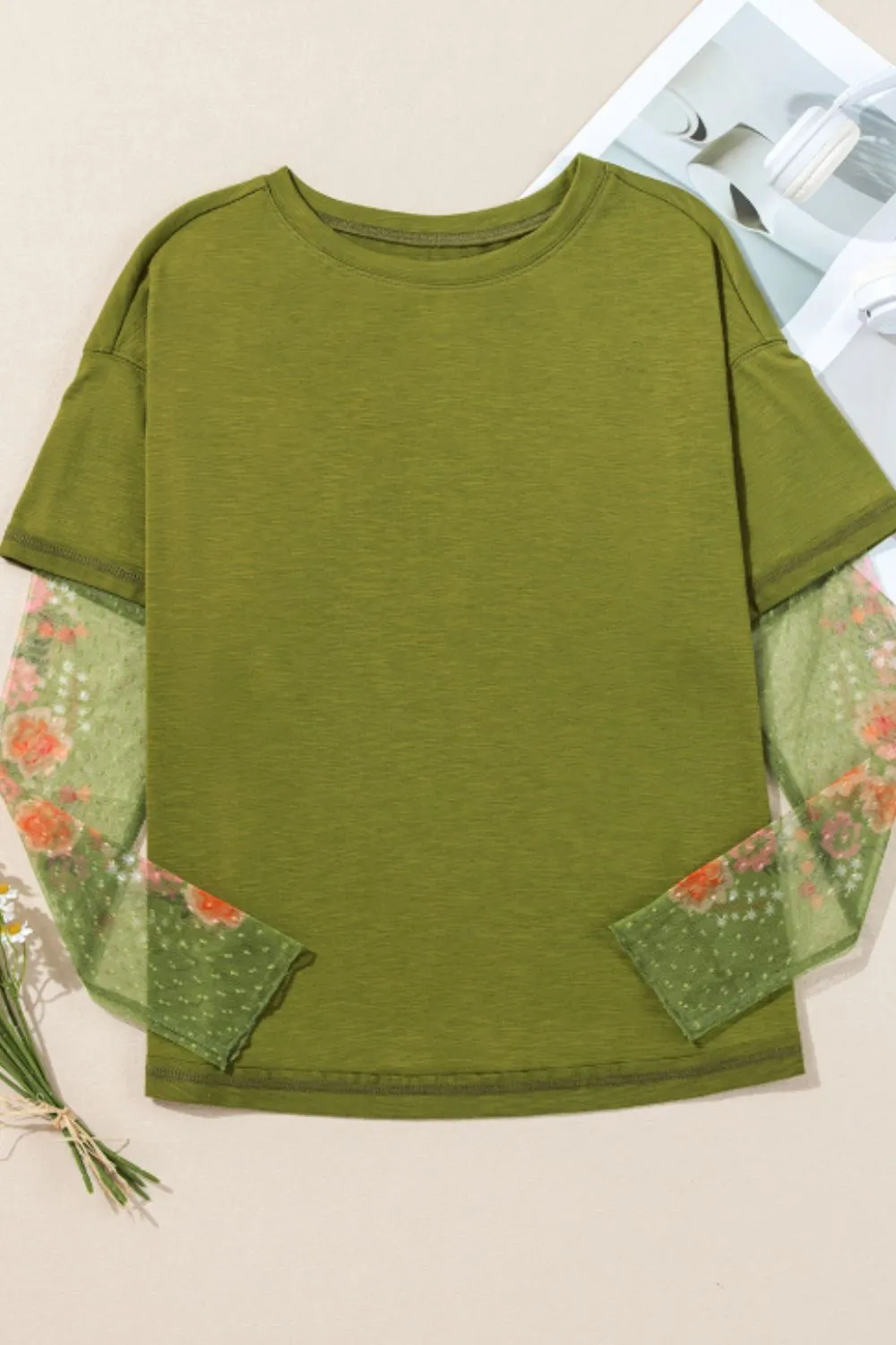 Faux Two Piece Floral Long Sleeve Patchwork Top, image 9