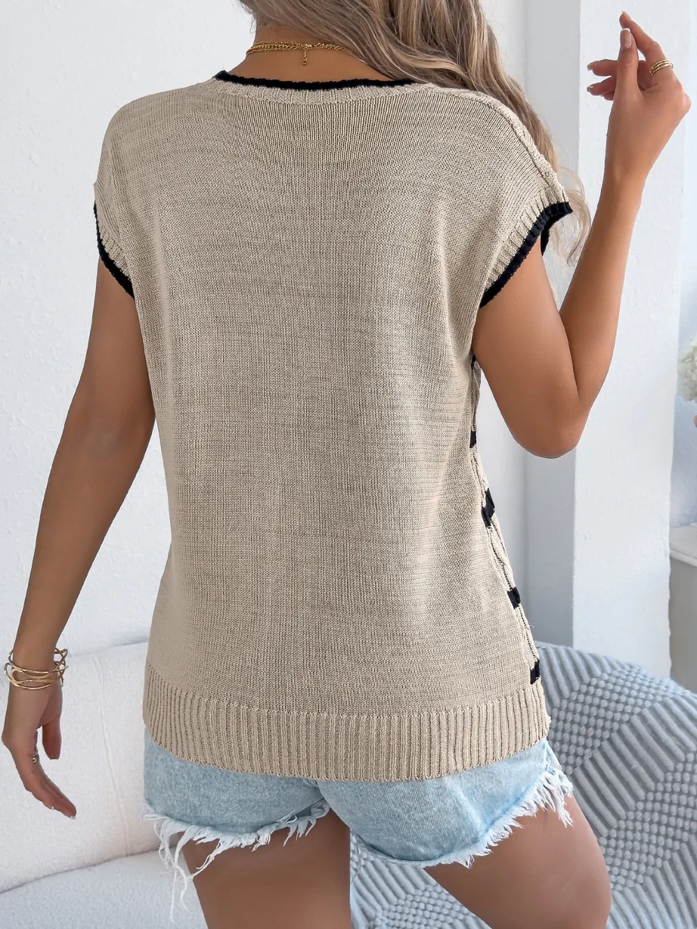 Cable-Knit Striped Round Neck Knit Top, image 12