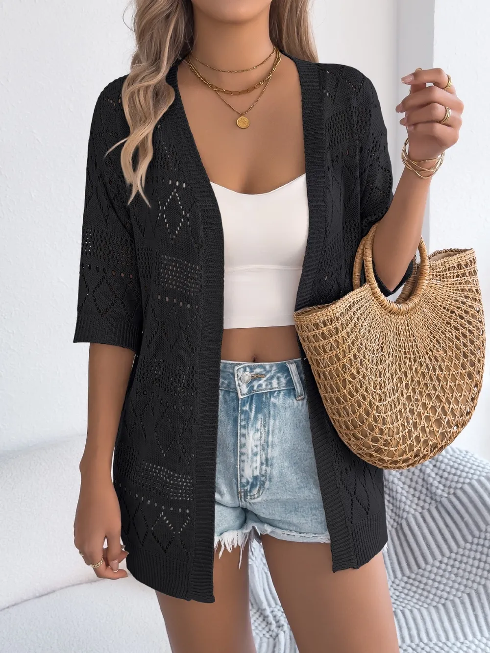 Openwork Open Front Half Sleeve Cardigan, image 7