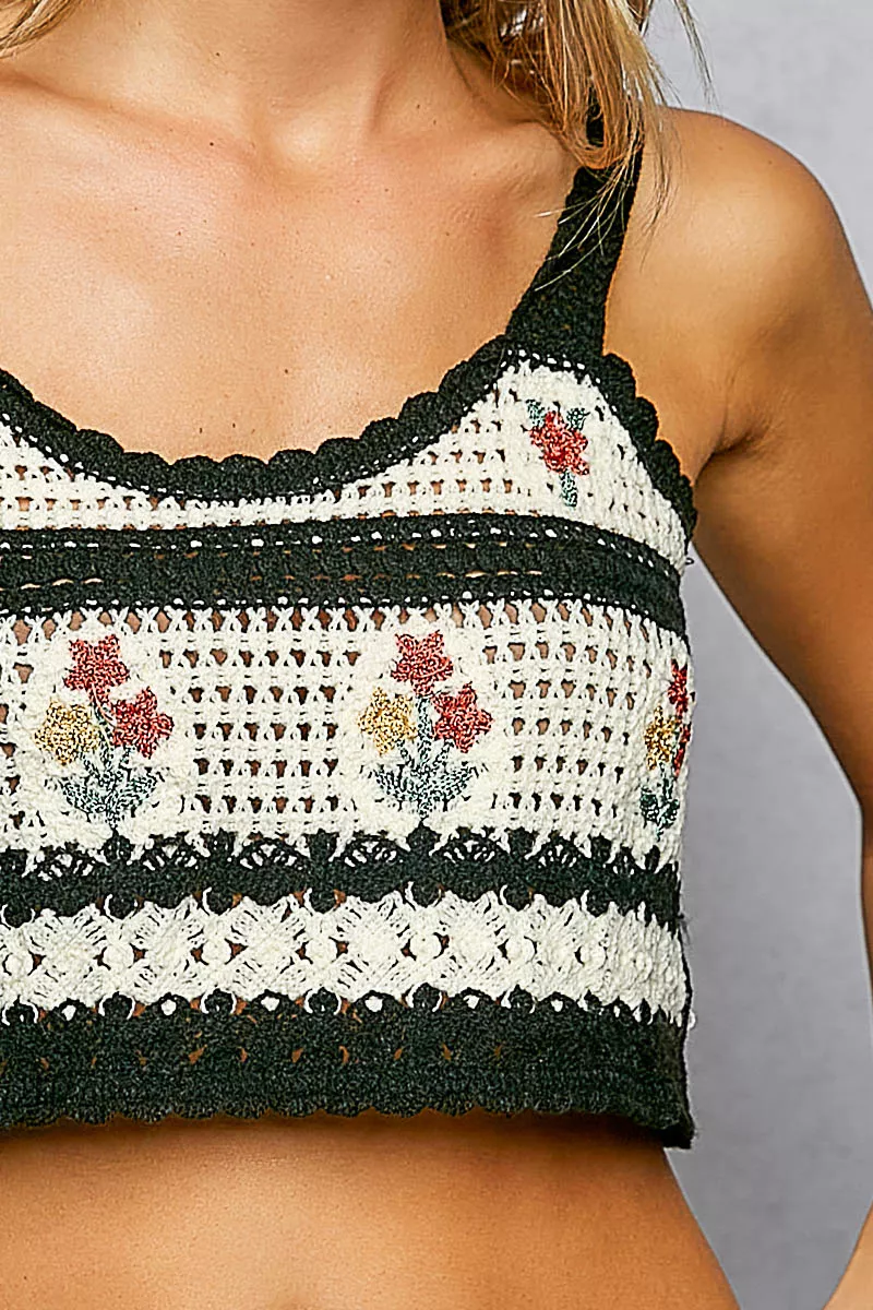 Floral Embroidered Cropped Crochet Cami with Scalloped Hem, image 8