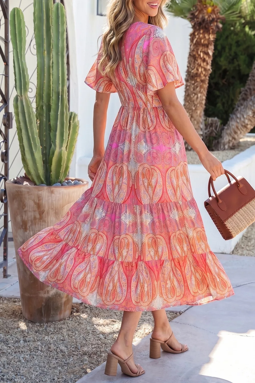 Paisley Print V-Neck Short Sleeve Boho Dress with Ruffle Details, image 2