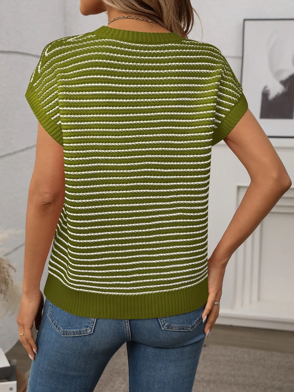 Striped Round Neck Short Sleeve Knit Top, image 11