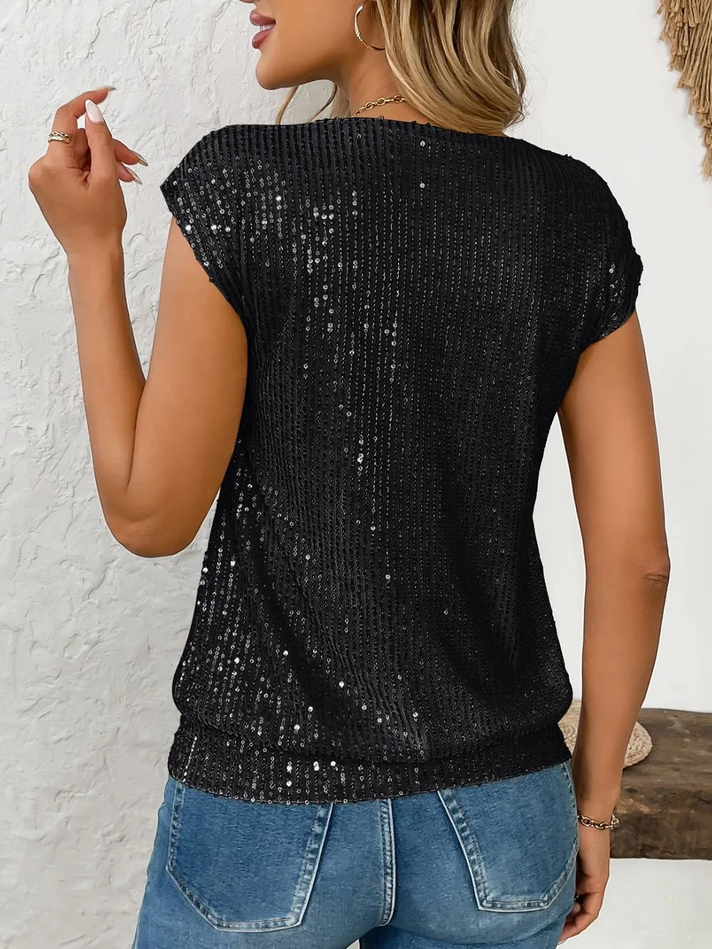 Sequin V-Neck Cap Sleeve Top, image 12