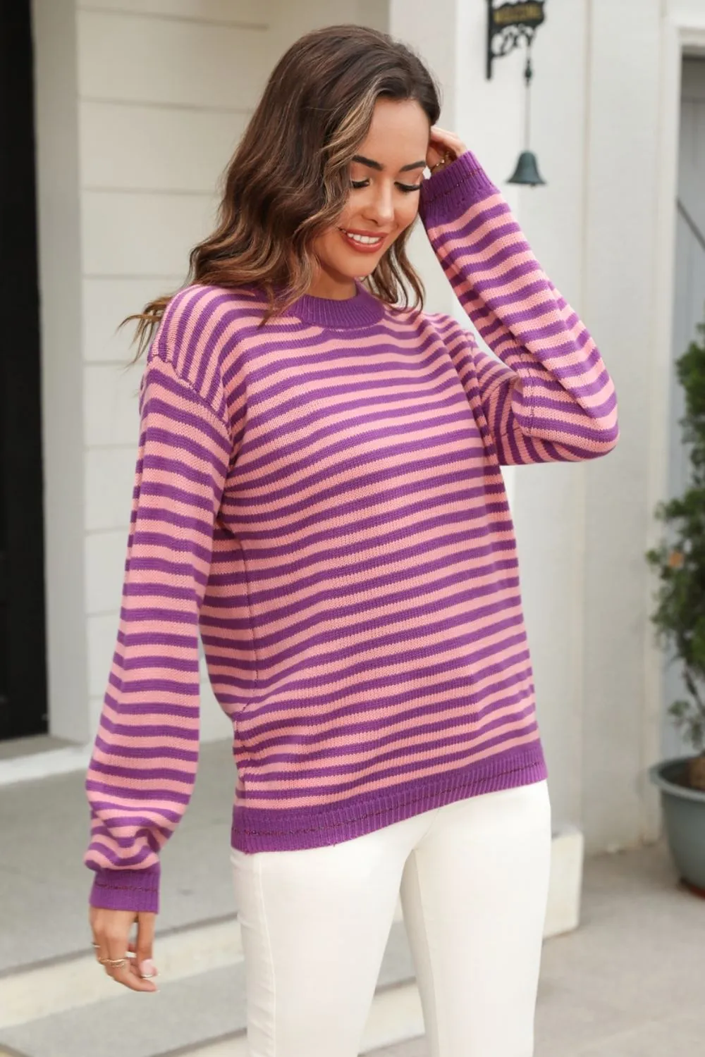 Striped Round Neck Dropped Shoulder Sweater, image 26