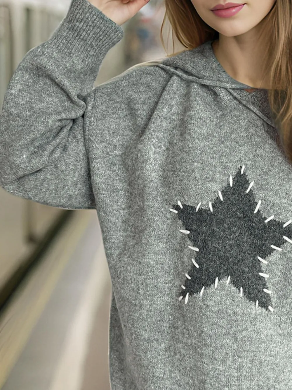 Drawstring Star Long Sleeve Hooded Sweater, image 4
