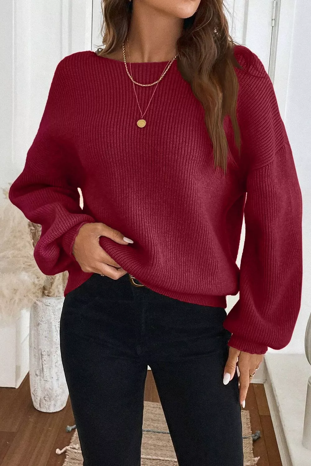 Ribbed Knit Ribbon Knot Backless Drop Shoulder Sweater, image 4