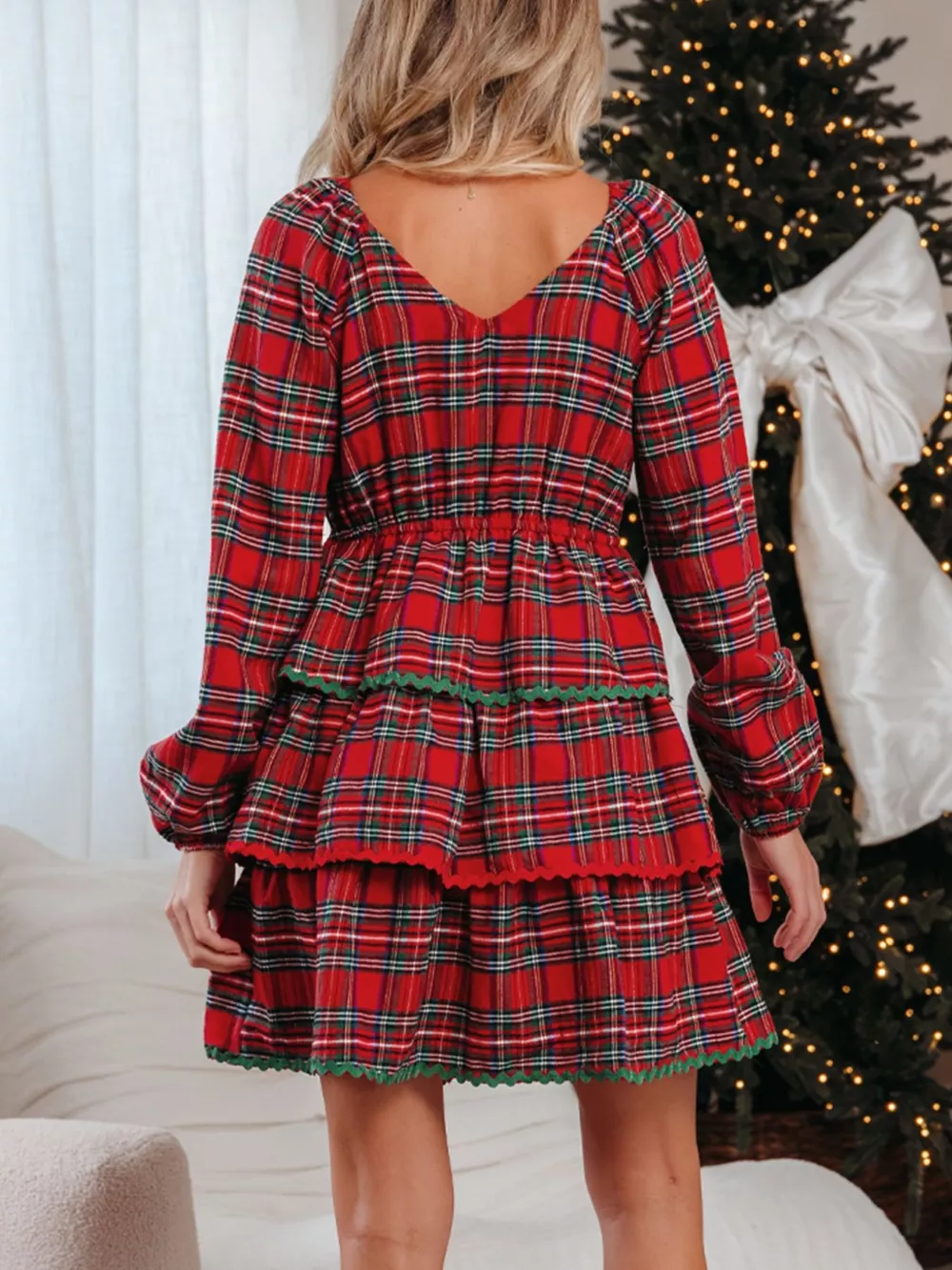 Plaid Print Ricrac Tiered Bubble Sleeve Mini Dress, image 5