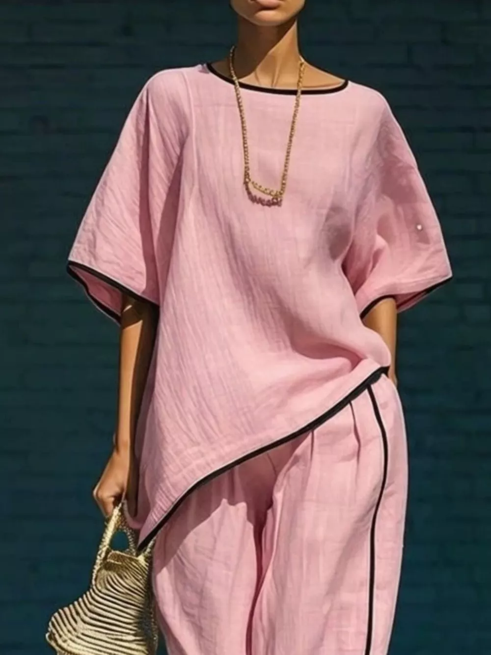 Contrast Trim Round Neck Top and Pants Set, image 6