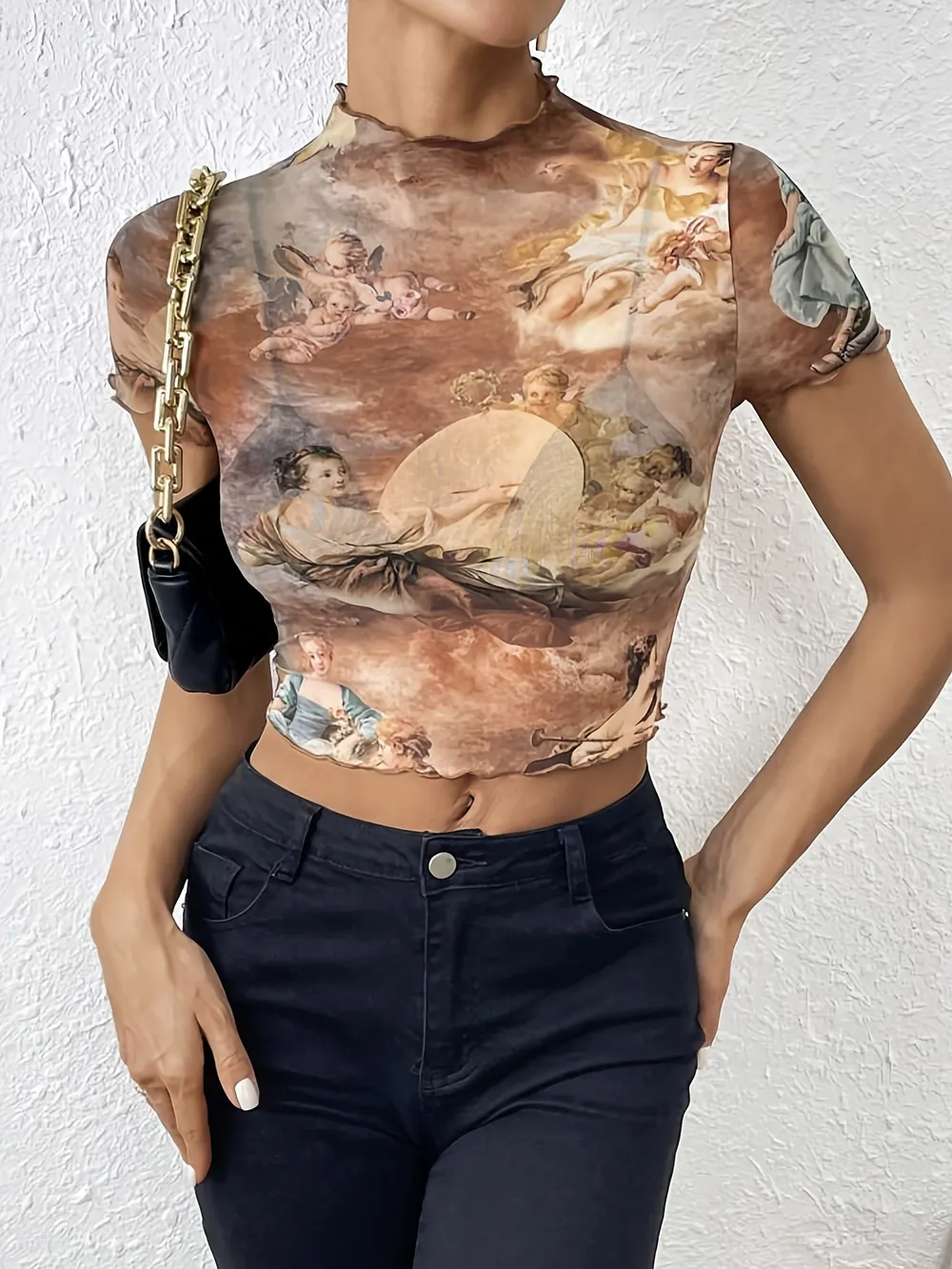 Abstract Print Ruffled Mock Neck Crop T-Shirt, image 18