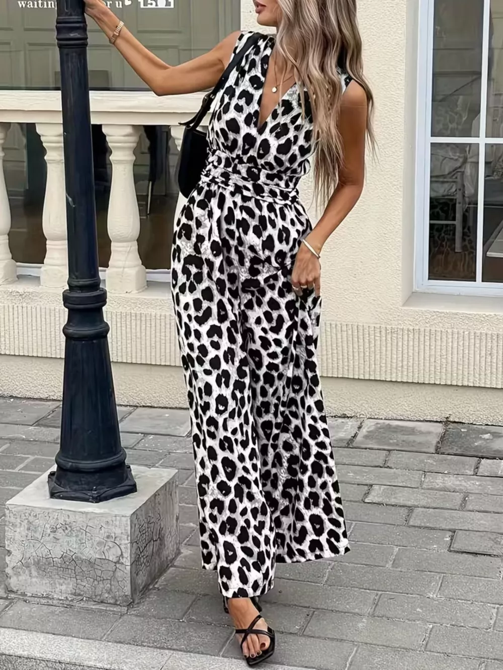 Sleeveless V-Neck Leopard Print Wide Leg Jumpsuit, image 13