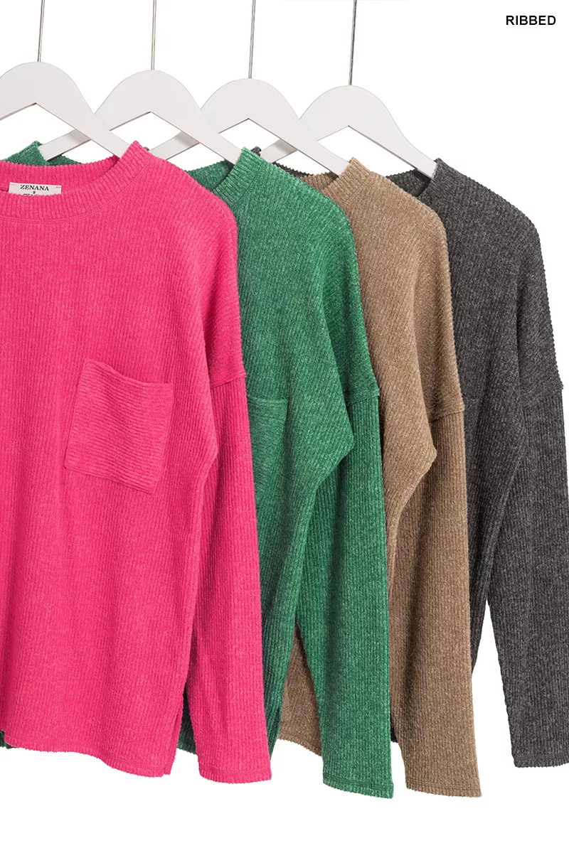 Ribbed Brushed Melange Hacci Sweater with Chest Pocket, image 3
