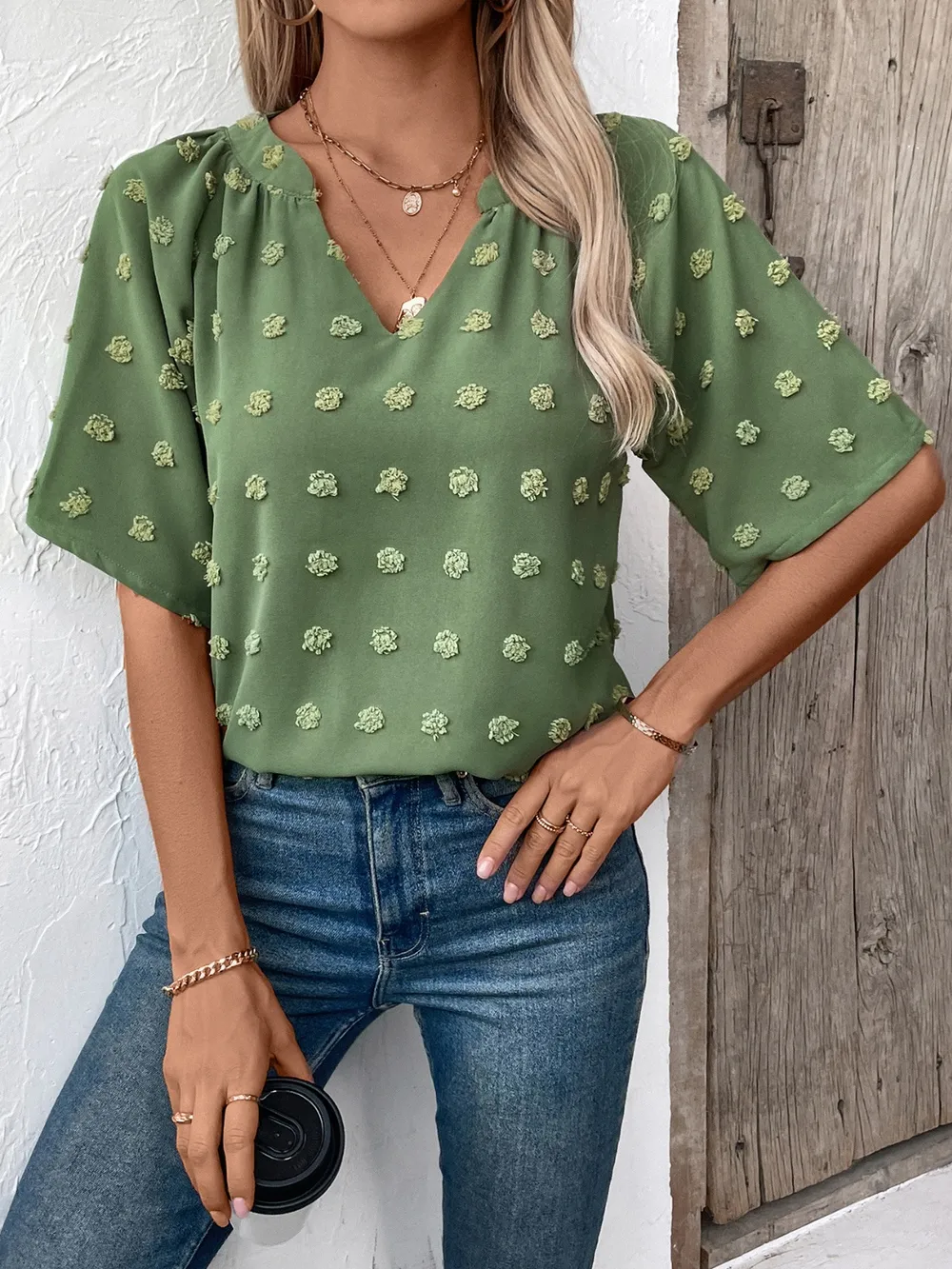 Swiss Dot Notched Half Sleeve Blouse, image 14