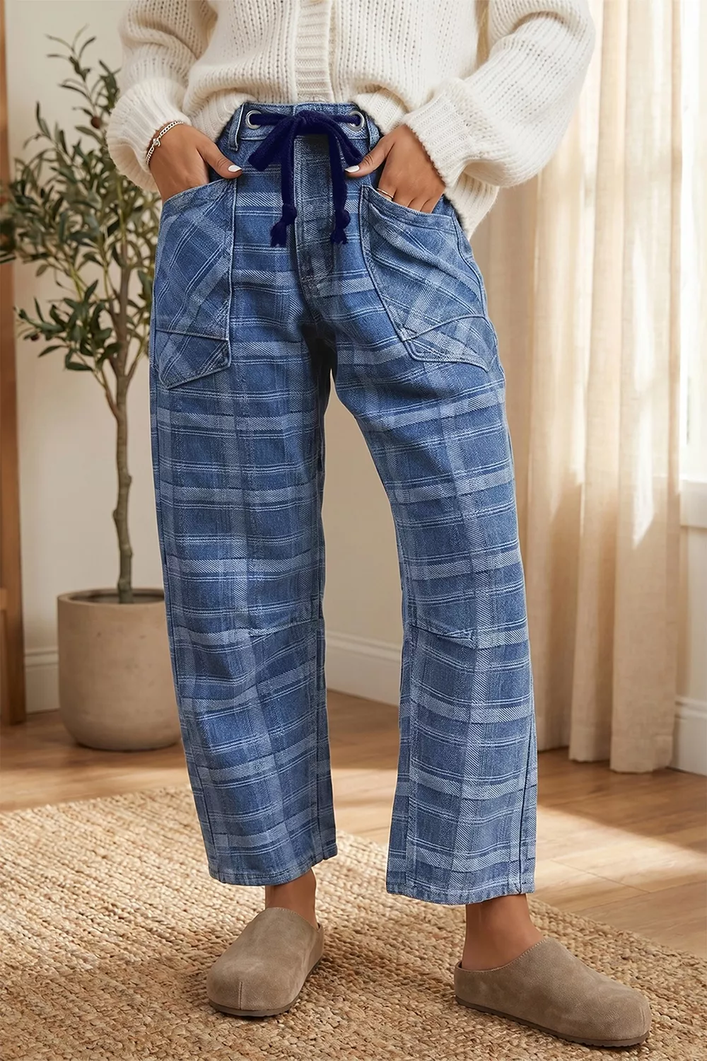Plaid Denim Grommet Drawstring Waist Ankle-Length Jeans, image 6
