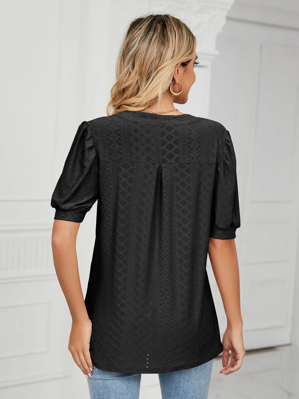 Eyelet Notched Short Sleeve T-Shirt, image 9