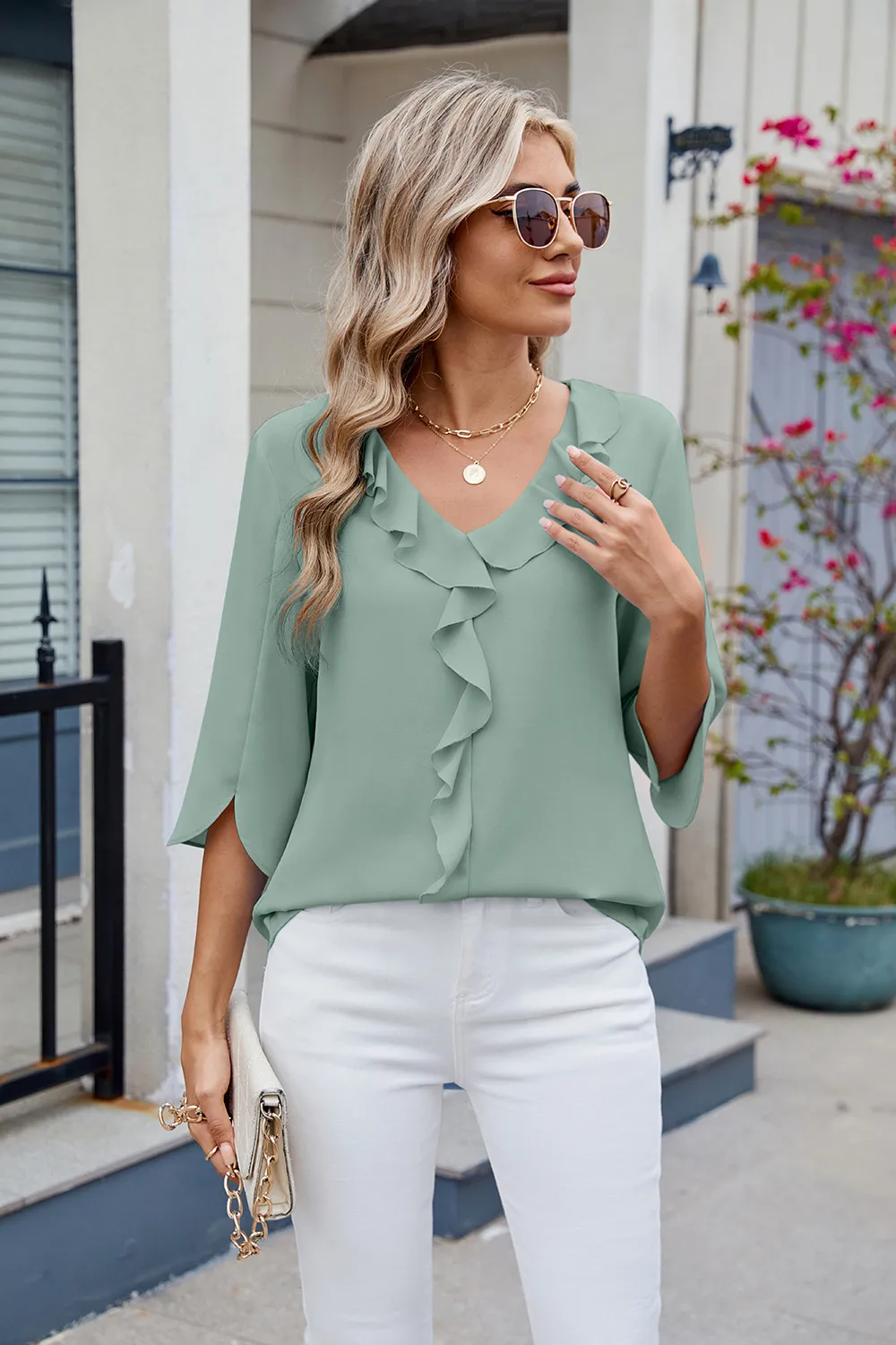 Ruffled V-Neck Three-Quarter Sleeve Blouse, image 8