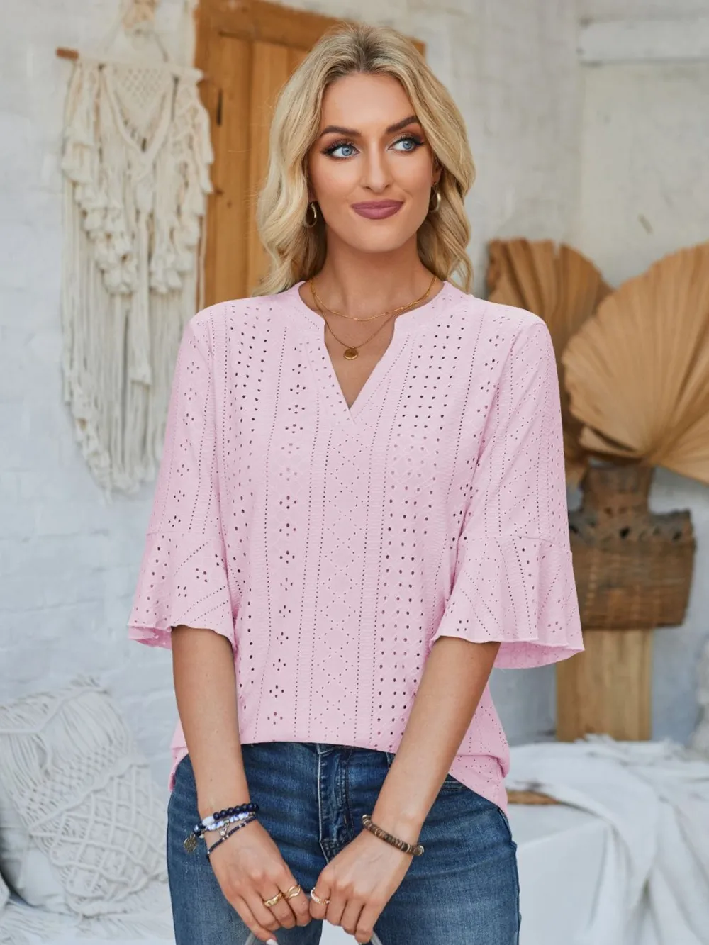 Eyelet Notched Half Sleeve T-Shirt, image 9