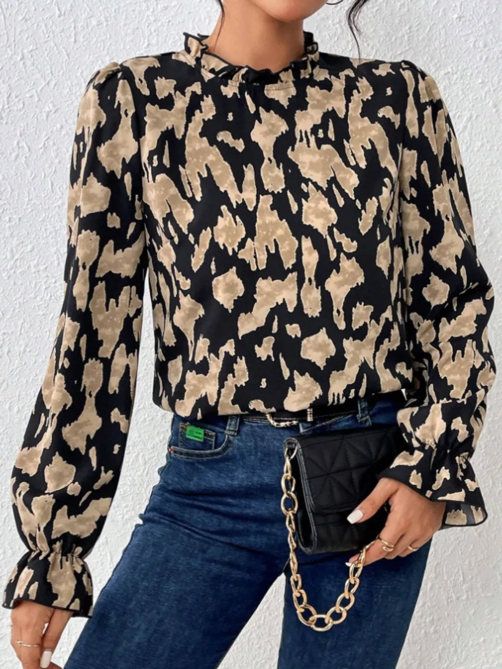 Frill Leopard Mock Neck Flounce Sleeve Blouse, image 4
