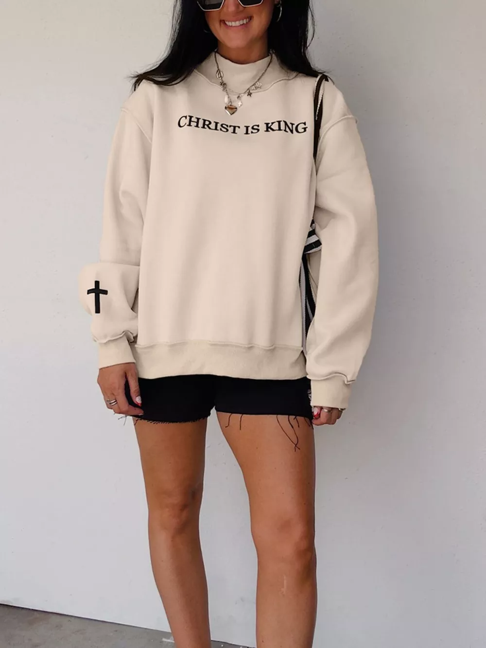CHRIST IS KING Embroidery High Neck Baggy Sweatshirt