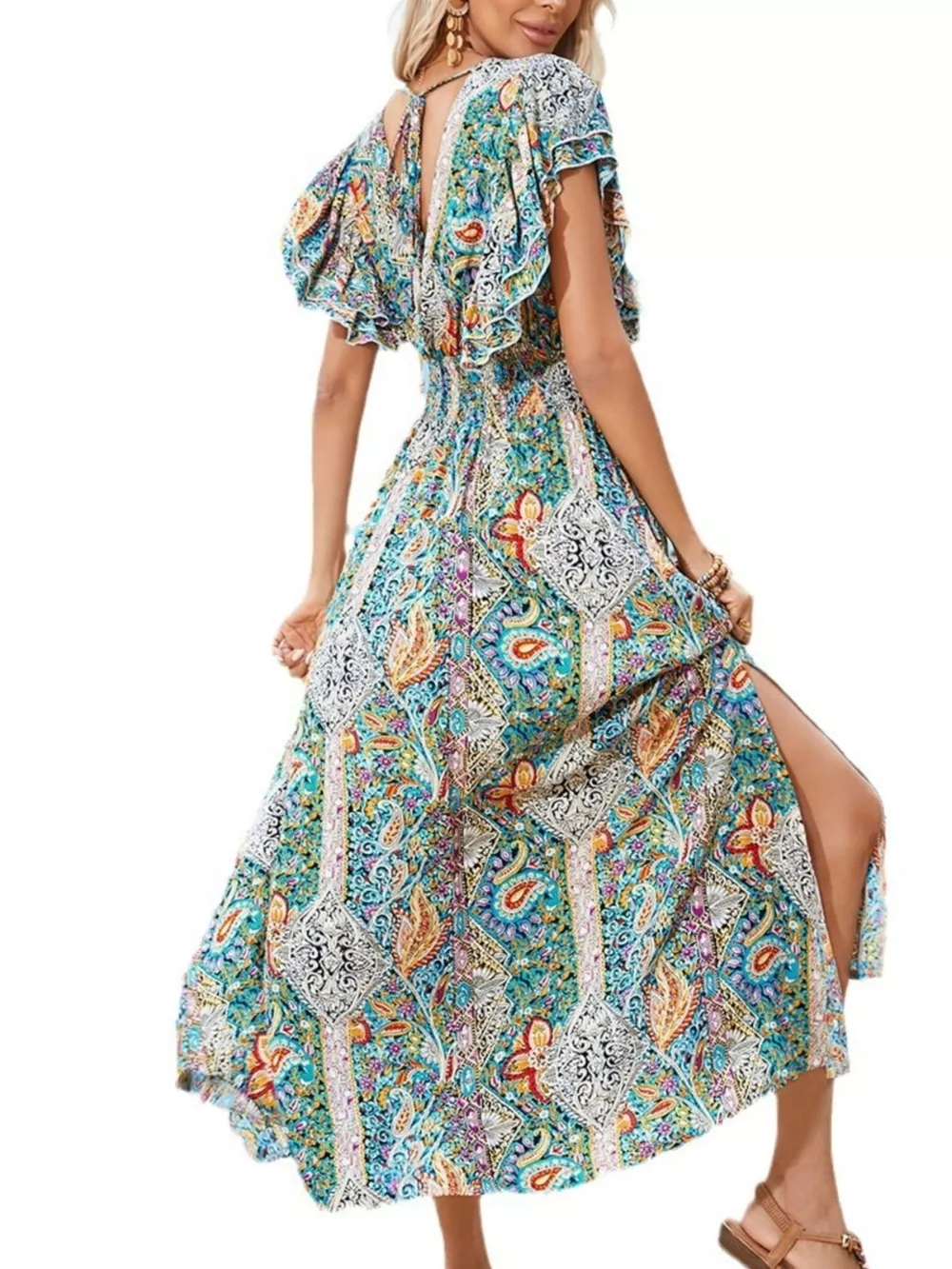 Paisley Print Flutter Sleeve Smocked Maxi Dress, image 4