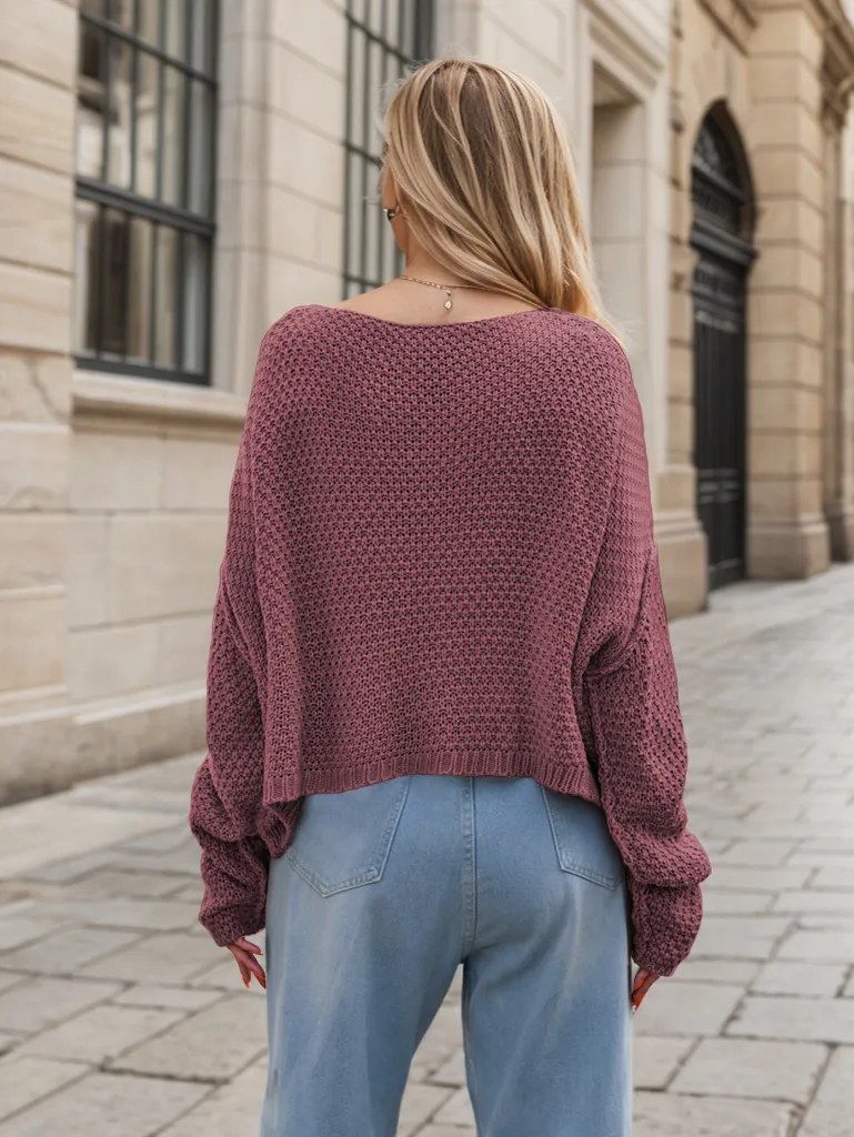 Round Neck Dropped Shoulder Long Sleeve Sweater, image 12