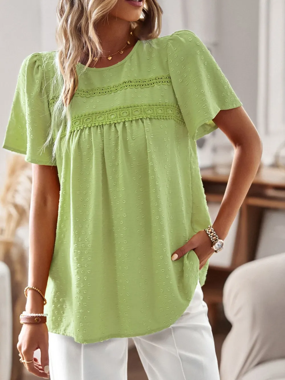 Lace Detail Round Neck Short Sleeve Blouse, image 28
